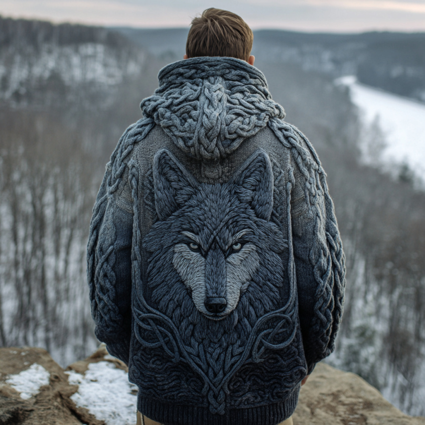 Men's Viking Wolf  Style Celtic Thick Zip-up Cardigan Sweater