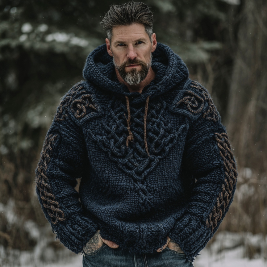 Men's Viking Celtic Knot Art Jacquard Chunky Knitted Cozy Hooded Sweater
