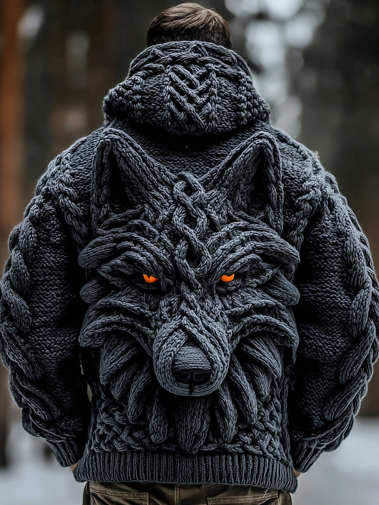 Men's Viking Wolf Totem Chunky Knit Hooded Cardigan