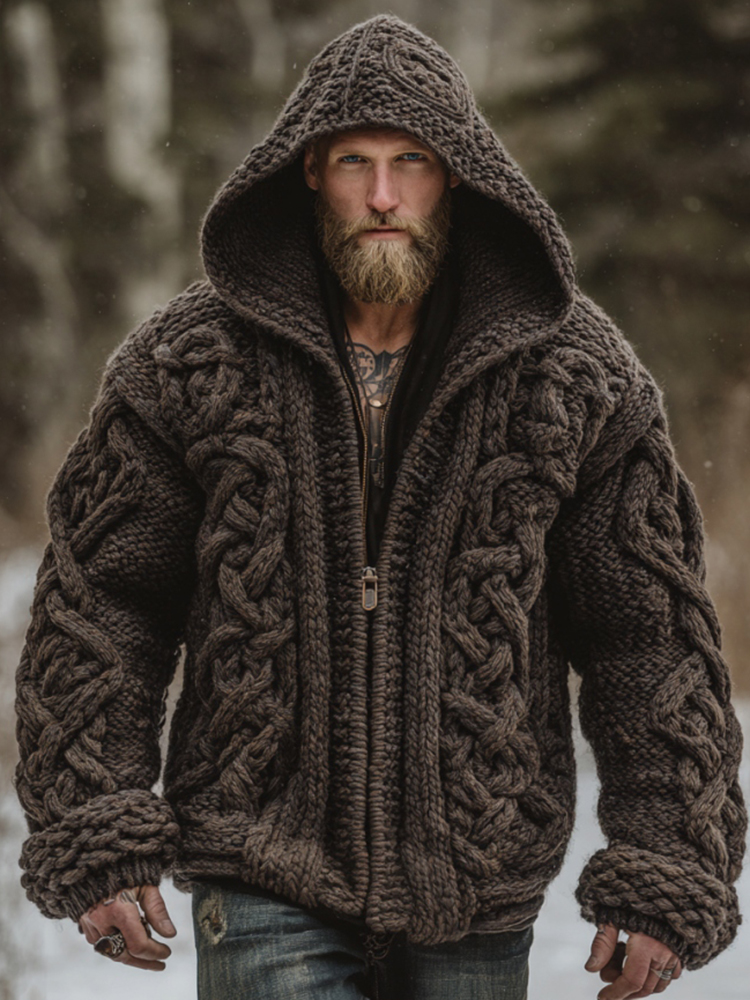 Men's Vintage Viking Celtic Knot Art Chunky Knit Hooded Zip-up Sweater