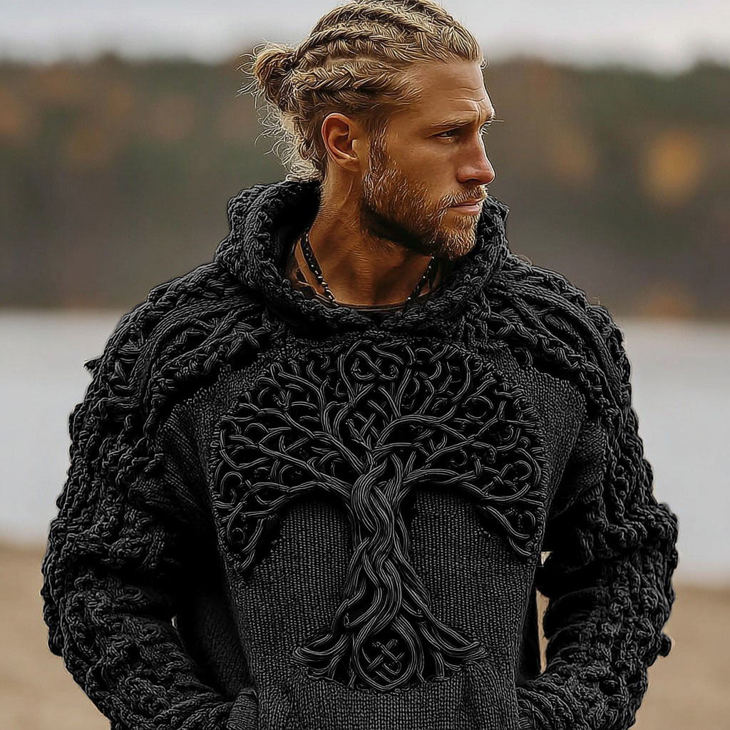 Men's Viking Celtic Knot Tree Of Life Knitted Warm Hooded Sweater