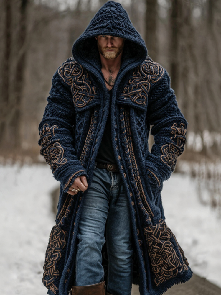 Men's Vintage Viking Celtic Knot Art Pocket Long Cardigan Sweater