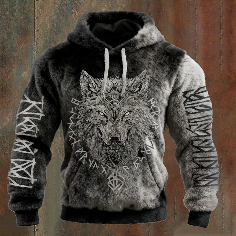 Men's Viking Vegvisir Wolf Runes Art Cozy Gradient Flannel Hoodie
