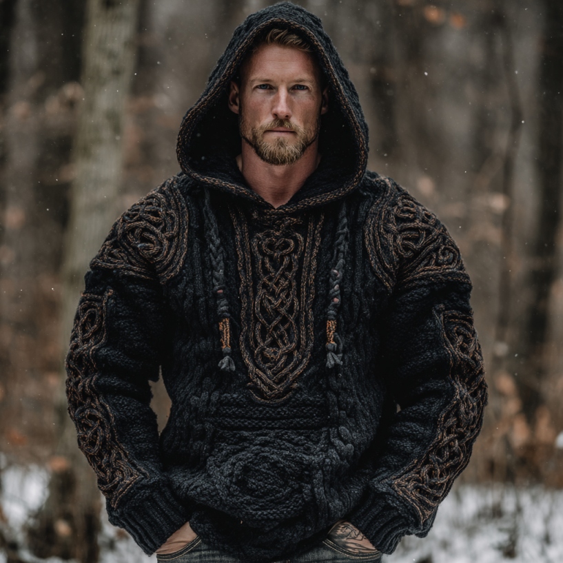 Men's Viking Celtic Knot Jacquard Knitted Hooded Sweater