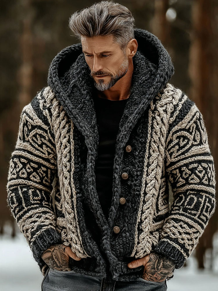 Men's Vintage Viking Celtic Knot Art Chunky Knit Button Hooded Sweater Cardigan