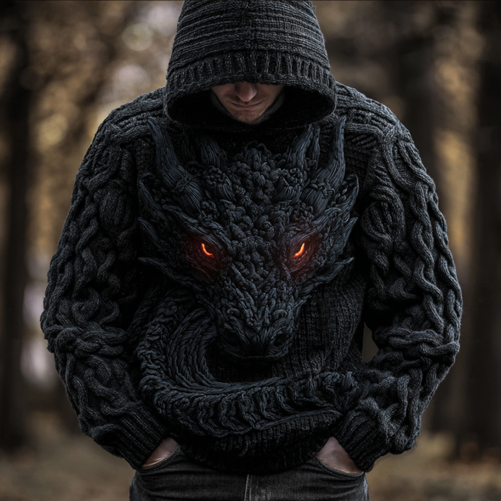 Men's Vintage Viking Dragon Style Celtic Thick Hooded Sweater