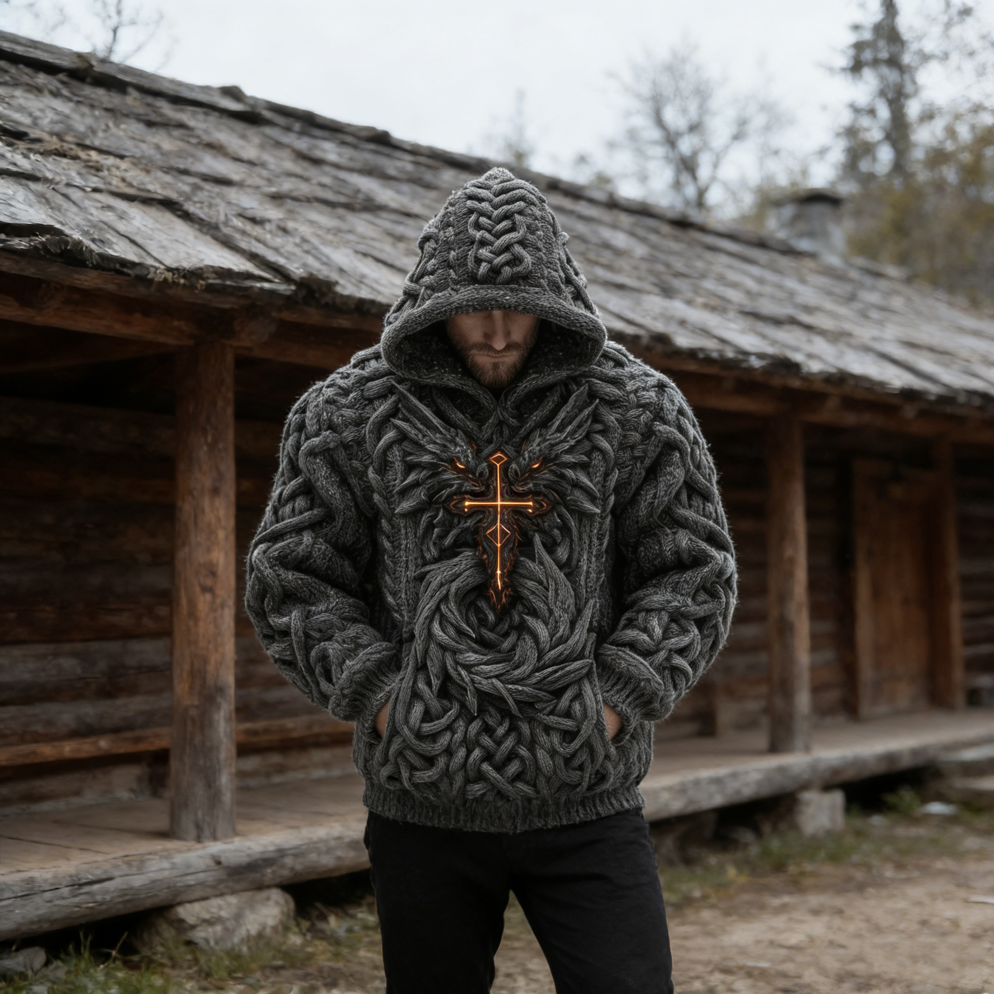 Men's Viking Celtic Dragon Chunky Hooded Sweater