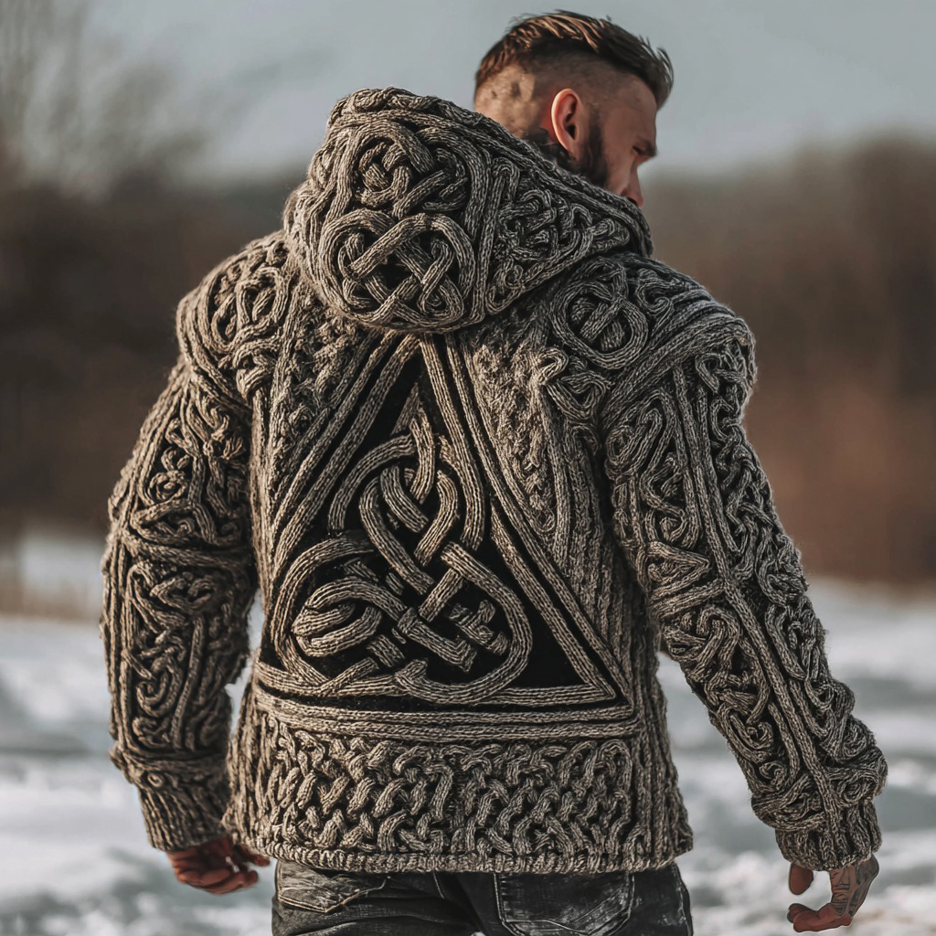 Men's Viking Valknut Runes Chunky Knit Hooded Cardigan