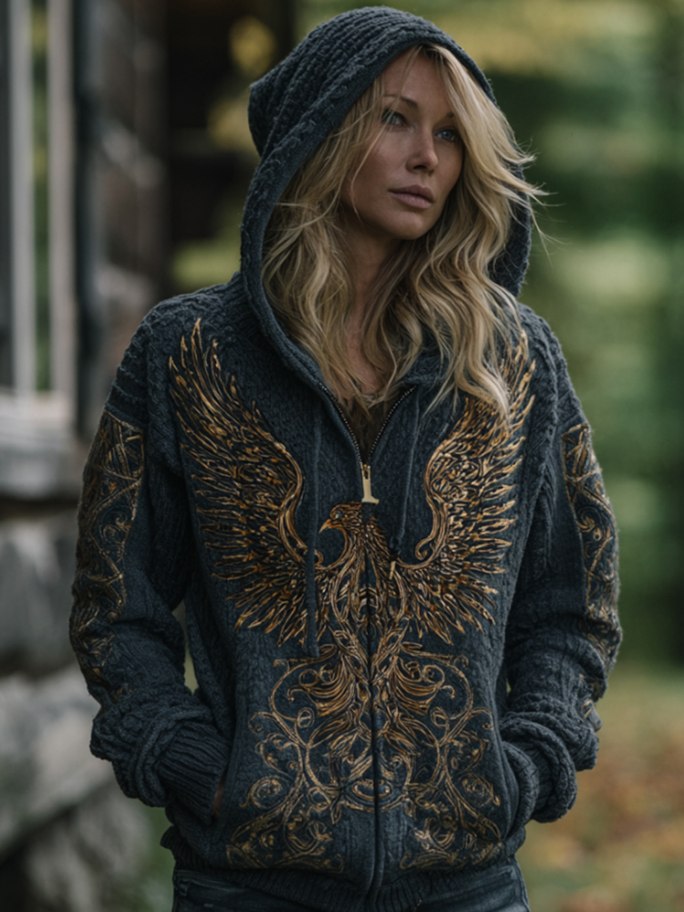 Women's Viking-style Phoenix Embroidery Vintage Hooded Cardigan Sweater