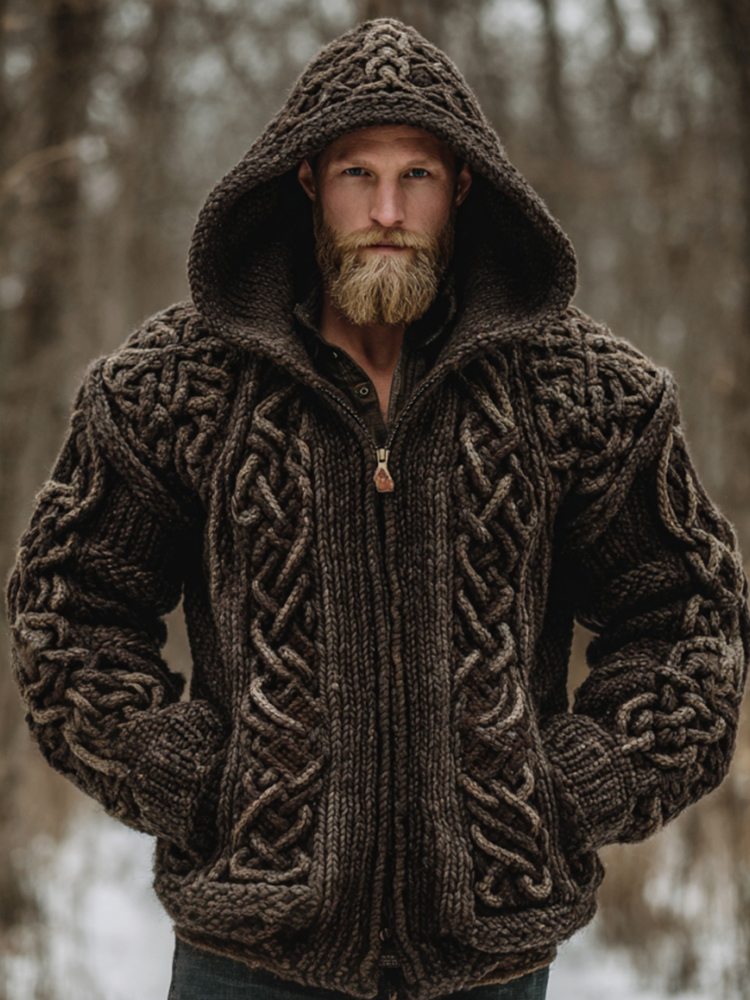 Men's Vintage Viking Celtic Knot Art Chunky Knit Hooded Zip-up Sweater