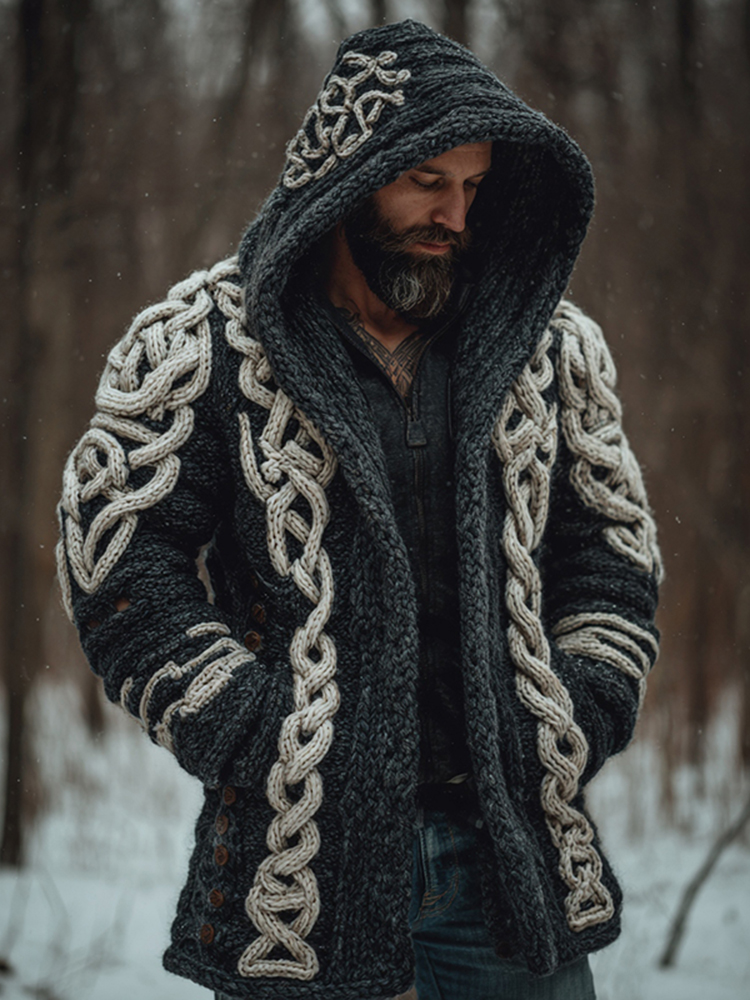 Men's Viking Celtic Knot Contrast Button Midi Cardigan Sweater