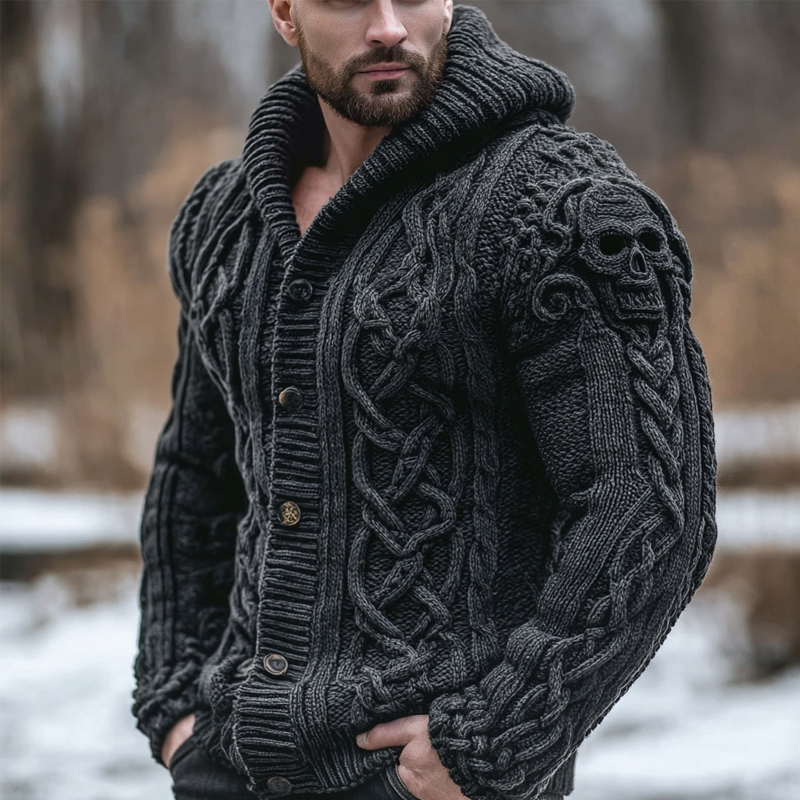 Men's Vintage Skull Celtic Chunky Cozy Hooded Cardigan