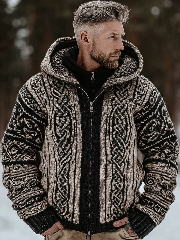 Men's Vintage Viking Inspired Celtic Full Zip Cozy Knit Hoodie