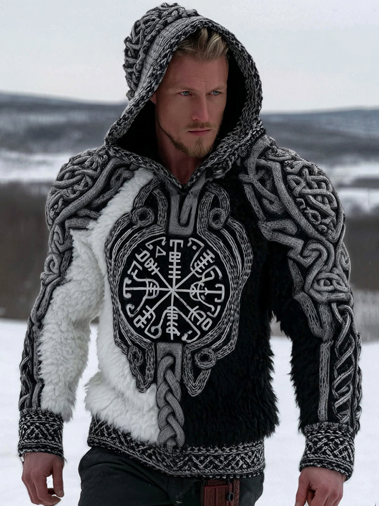 Men's Viking Tribal Jacquard Muscle Line Inspired Art Warm Hoodie