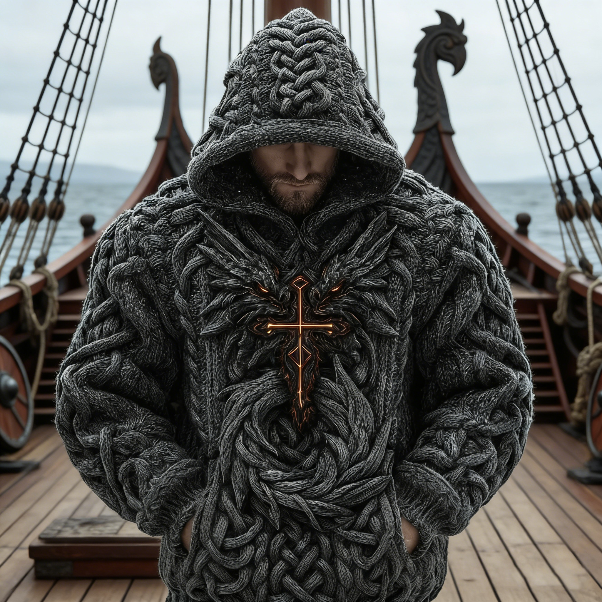 Men's Viking Celtic Dragon Chunky Hooded Sweater