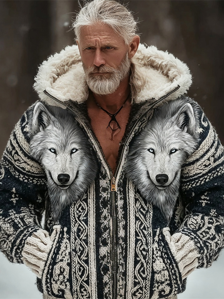 Viking Wolf Head Totem Men's Hooded Full-zip Knit Jacket
