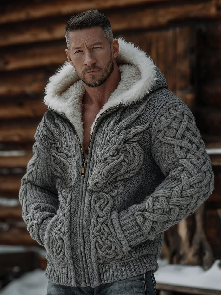 Men's Viking Celtic Knot Dragon Art Cozy Fur Collar Knit Hooded Sweater Jacket