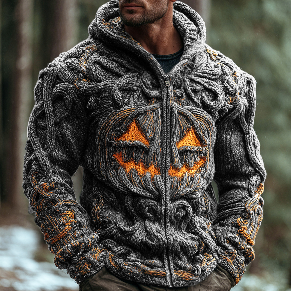 Halloween Pumpkin Emoji Men's Chunky Knit Full Zip Hooded Sweater