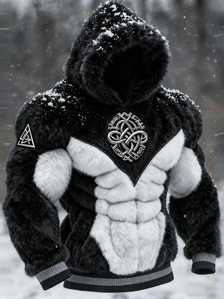Men's Viking Tribal Jacquard Celtic Muscle Line Inspired Art Plush Warm Hoodie