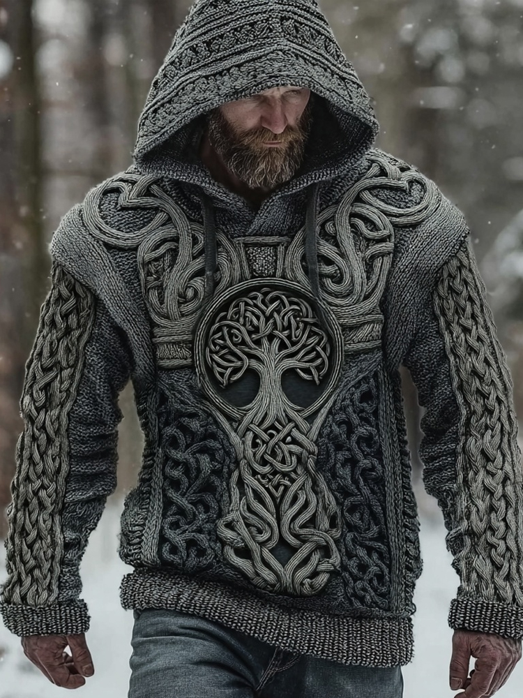 Men's Vintage Tree Of Life Chunky Knit Hooded Sweater