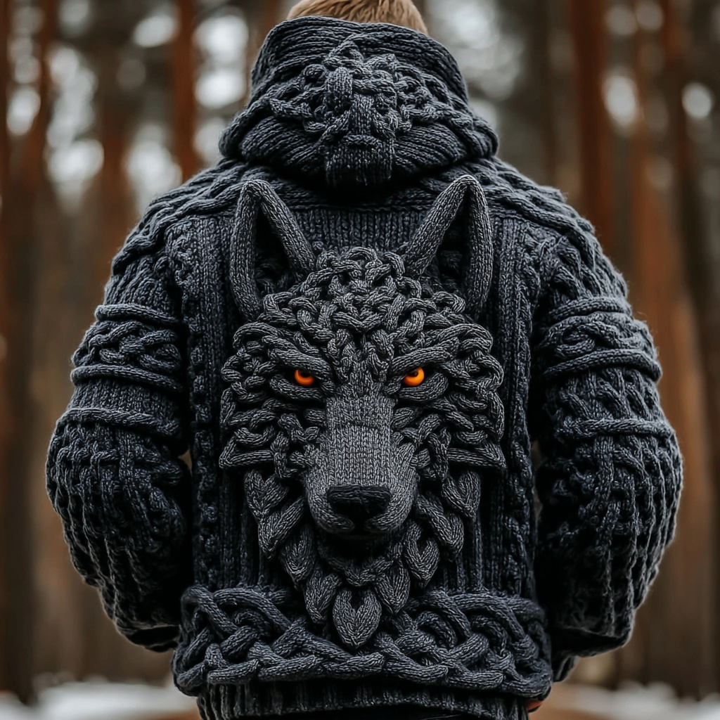 Men's Viking Wolf Totem Chunky Knit Hooded Cardigan