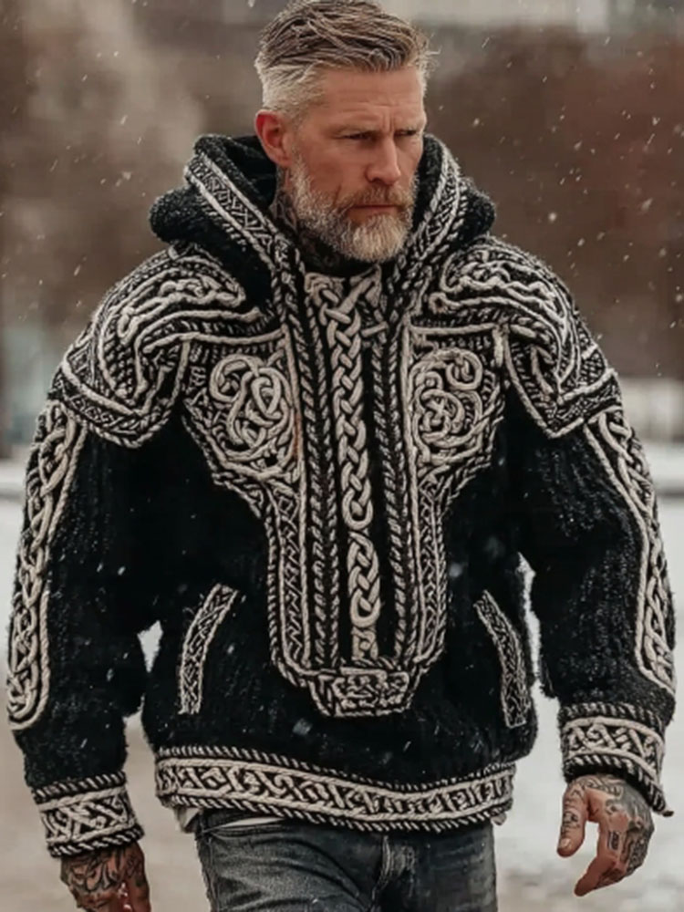 Vintage Viking Celtic Knot Art Knitted Hooded Sweater