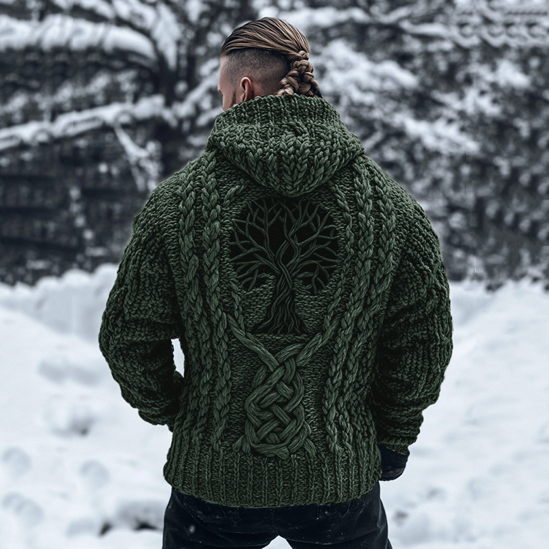 Men's Viking Tribal Tree Of Life Celtic Chunky Knit Hooded Sweater