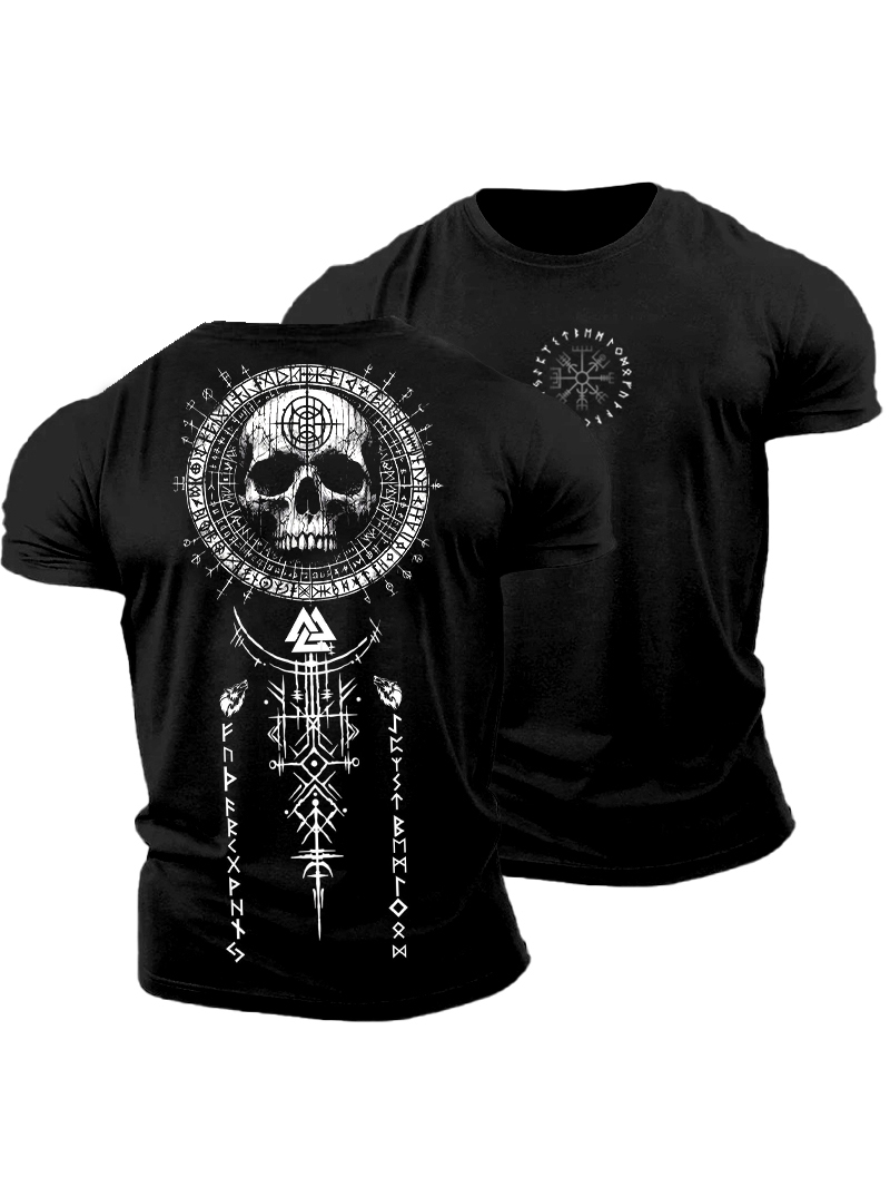 Vegvisir Viking Skull Runes Graphics Cotton T-shirt