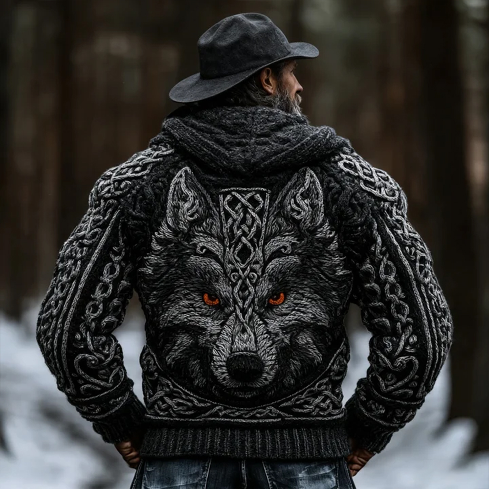 Men's Viking Celtic Knot Wolf Head Embroidery Art Coarse Needle Hoodie Sweater
