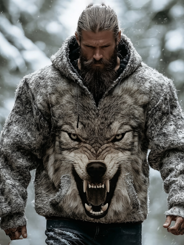 Men's Viking Style Wolf Leopard Expression Flannel Dark Patterned Hooded Sweatshirt