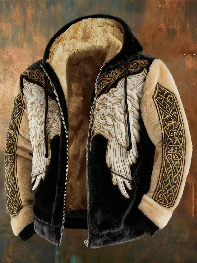 Men's Retro Celtic Knot And Wing Art Plush Coat