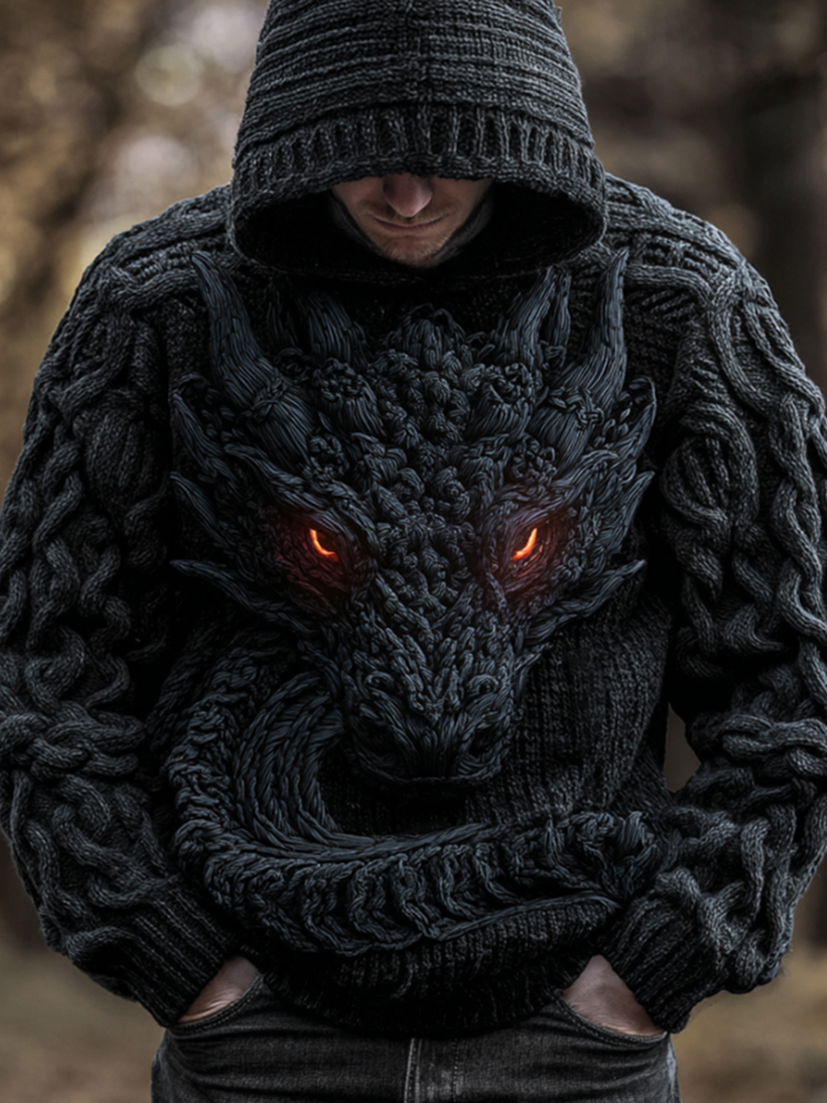 Men's Vintage Viking Dragon Style Celtic Thick Hooded Sweater