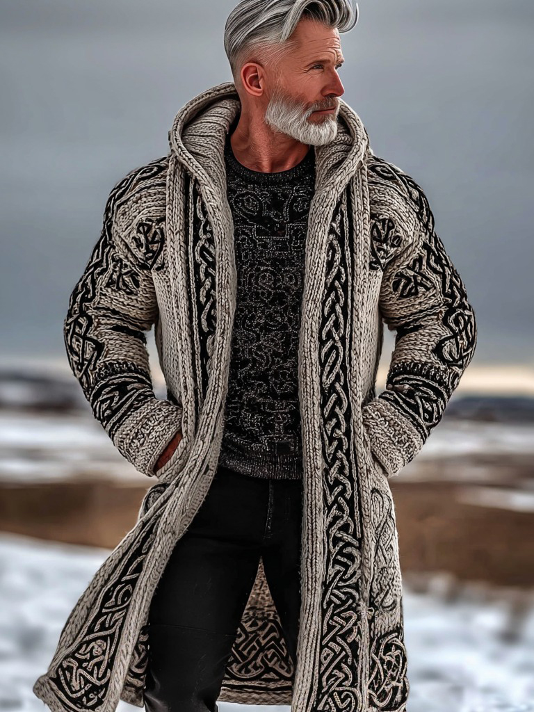 Men's Vintage Celtic Knot Knit Long Hooded Sweater Jacket