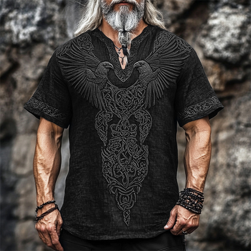 Men's Viking Ravens Celtic Embroidered Washed Linen Shirt