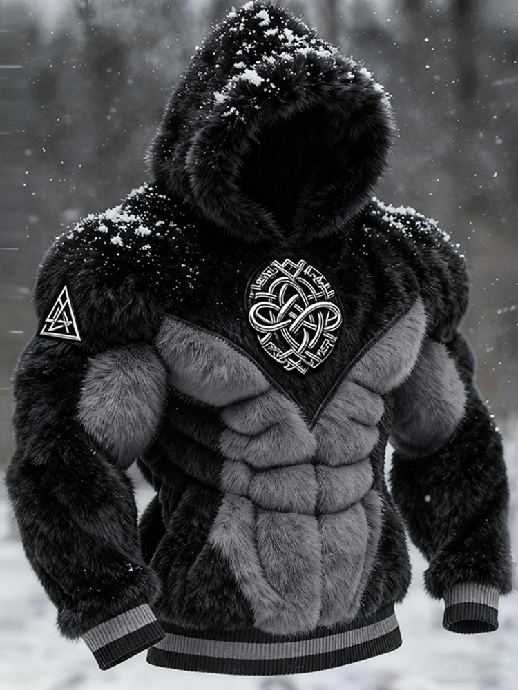 Men's Viking Tribal Jacquard Celtic Muscle Line Inspired Art Plush Warm Hoodie