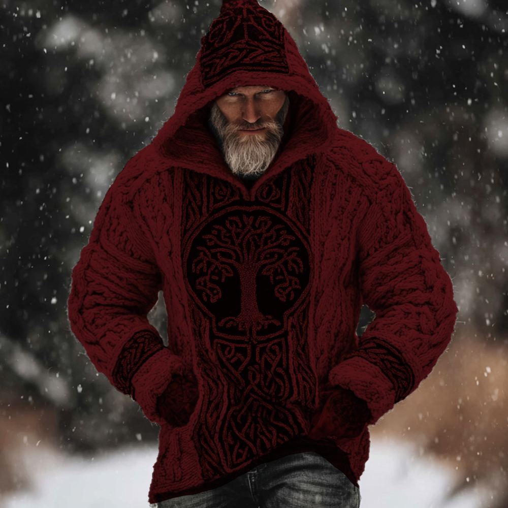 Men's Viking Style Tree Of Life White Thick Needle Hooded Sweater
