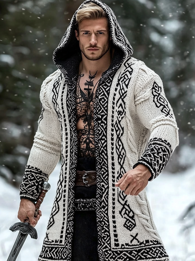 Men's Viking Tribal Pattern Jacquard Celtic Cozy Cardigan Sweater
