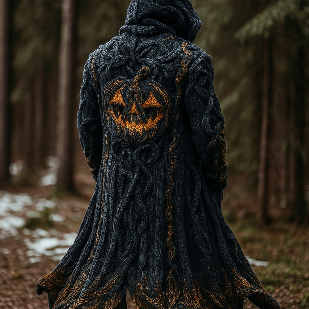 Halloween Pumpkin Emoji Men's Chunky Knit Hooded Long Cardigan
