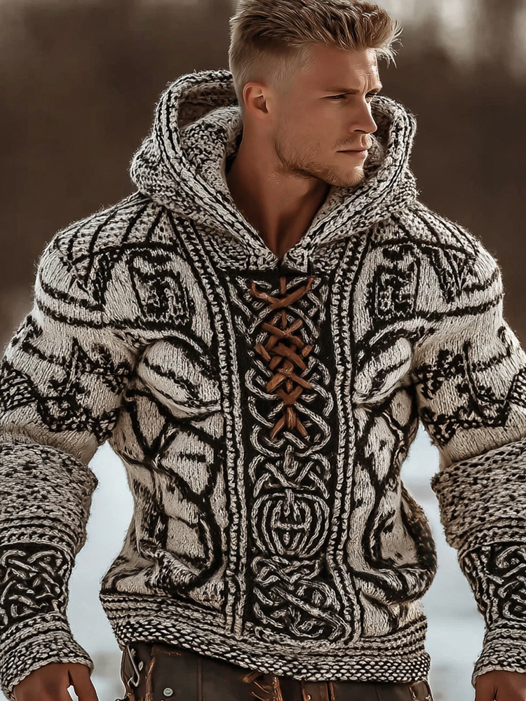 Men's Vintage Viking Celtic Knot Jacquard Hooded Sweater