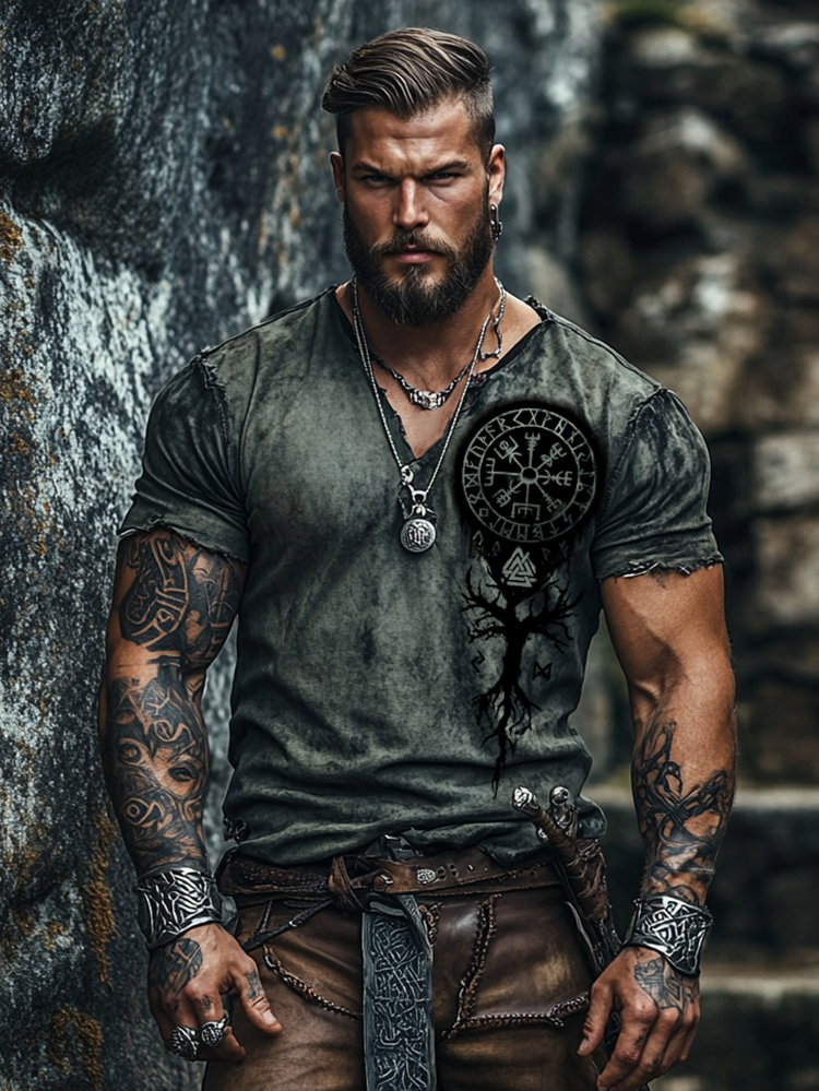 Men's Vintage Viking Tree Of Life Graphics Acid Wash T-shirt