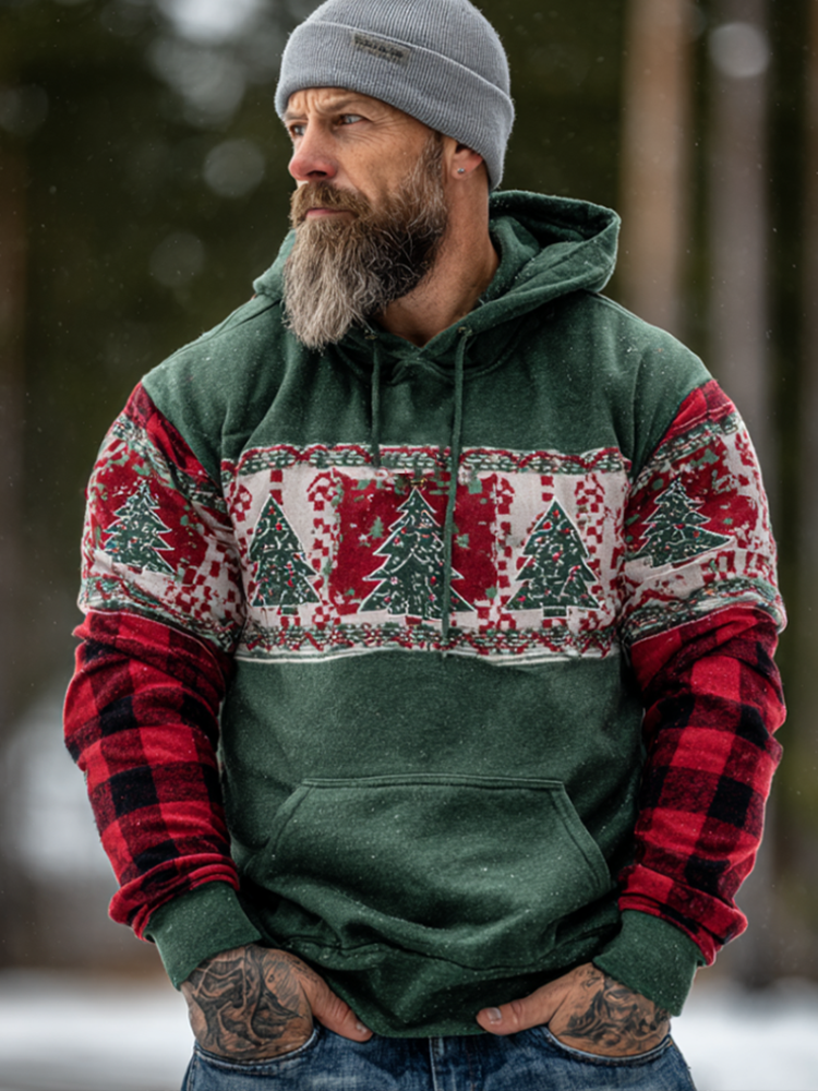 Christmas Retro Color-blocked Men's Hooded Sweatshirt