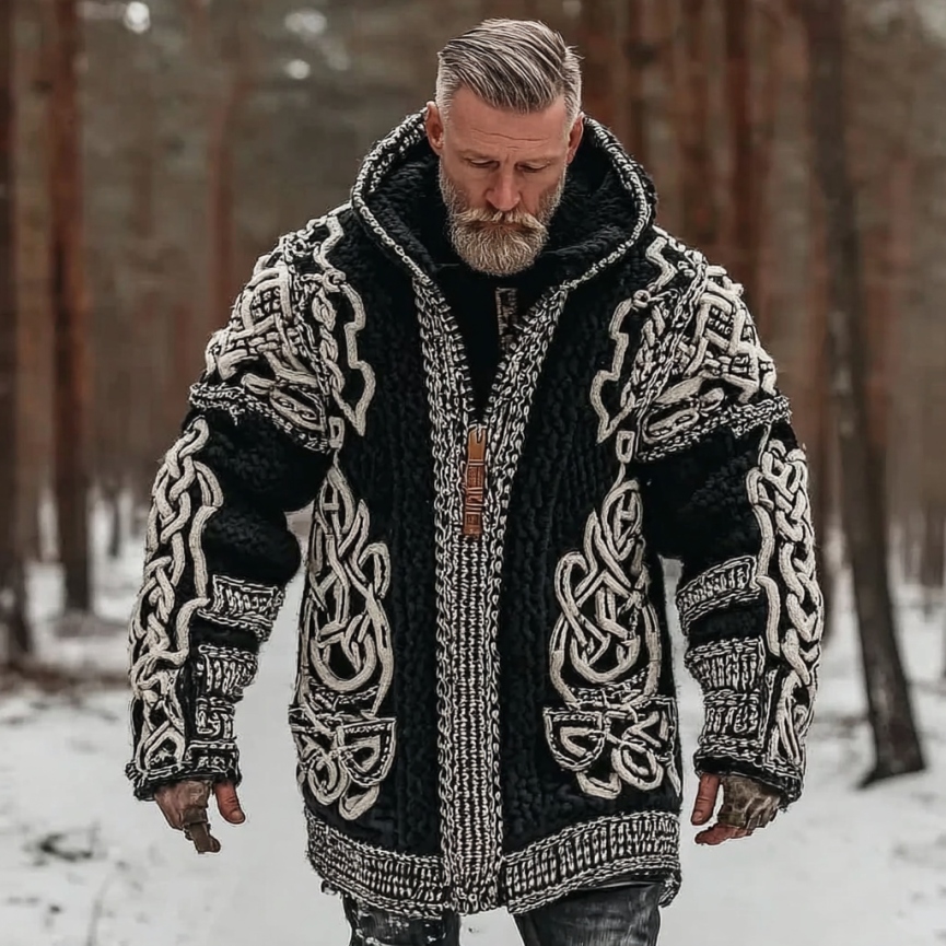 Men's Viking Celtic Knot Art Mid-length Hooded Cardigan Sweater