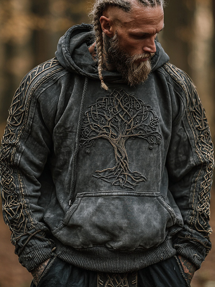 Nordic Viking Inspired Yggdrasill Retro Print Casual Long-sleeve Hoodie