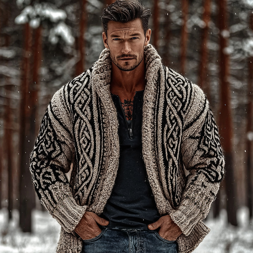 Men's Viking Celtic Knot Pattern Zipped Knit Cardigan