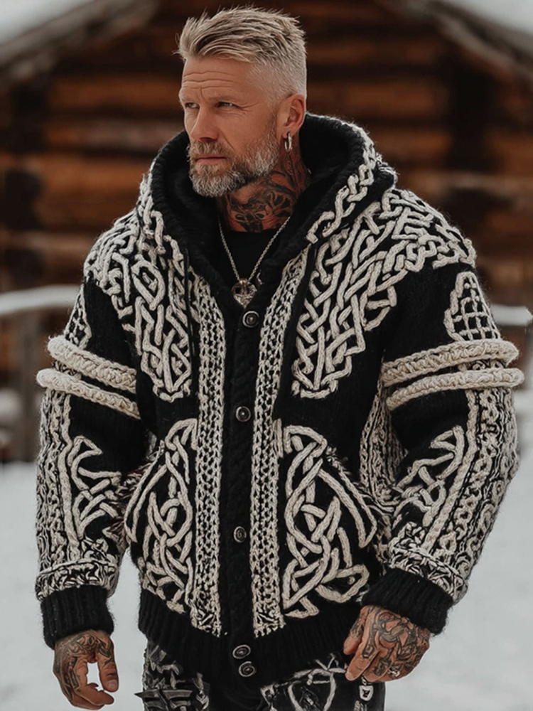 Men's Viking Celtic Knot Button Cozy Jacquard Cardigan Sweater