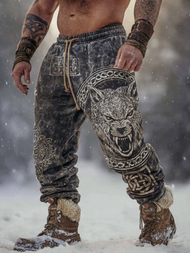 Viking Style Celtic Knot Wolf Leopard Print Dirty Color Sports Pants
