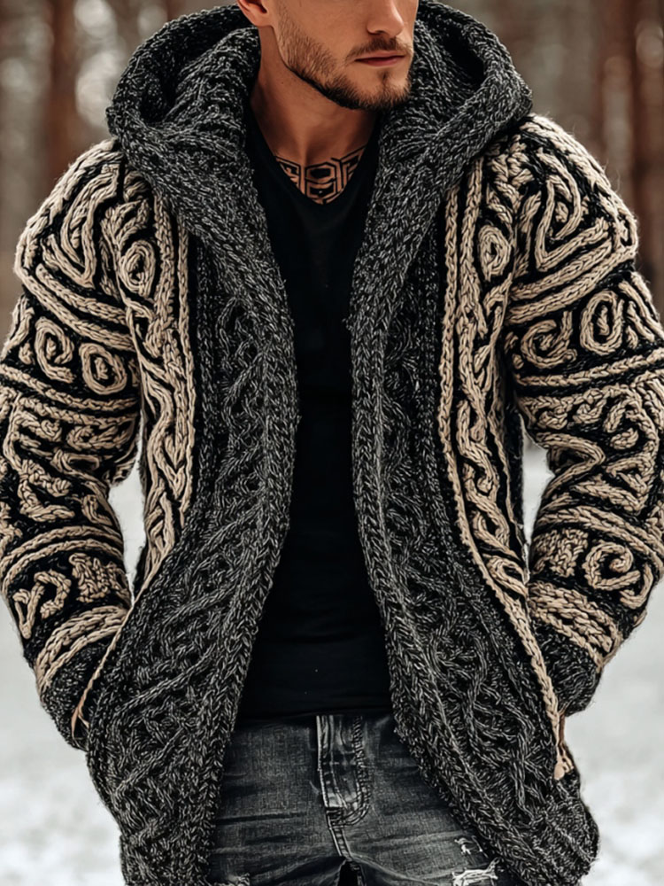 Men's Viking Celtic Pattern Art Cozy Knit Hooded Cardigan