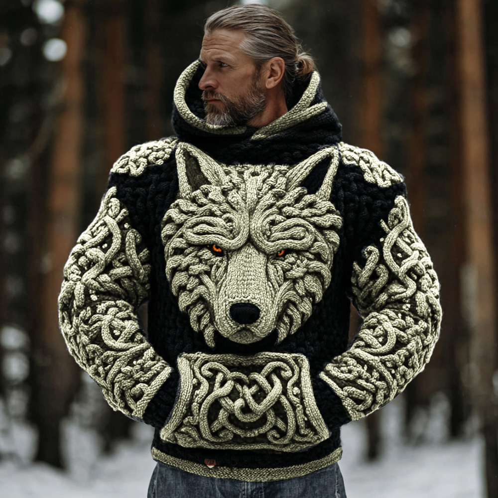 Men's Viking Celtic Knot Wolf Head Embroidered Thick Warm Hooded Sweater