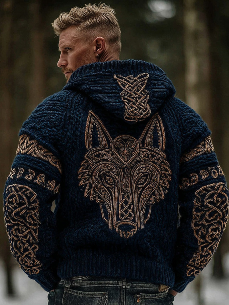 Men's Vintage  Viking Wolf Celtic Knot Art Chunky Knit Hooded Zip-up Sweater