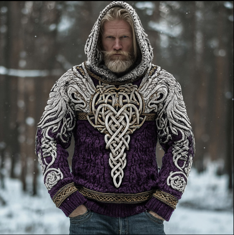 Men's Hooded Thick Sweater With Viking Style Tribal Totem And Wolf Totem Patterns